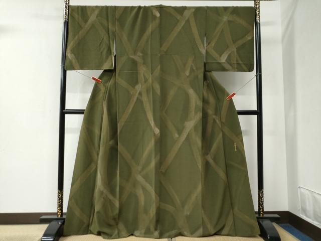 平和屋着物●小堀三千尋 小紋 手描き 緑茶染 菱文 正絹 逸品 CABB4504yc