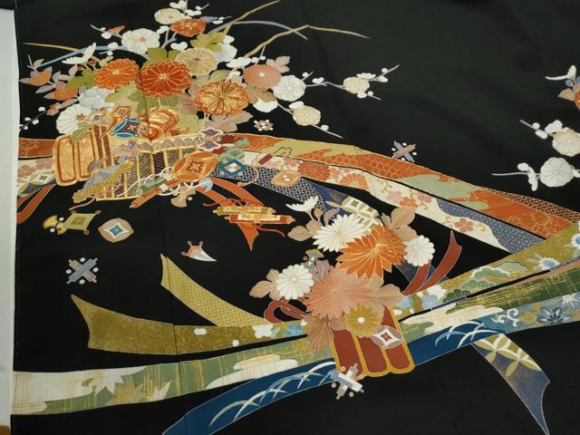 平和屋着物●創業460年・千總 黒留袖 駒刺繍 束ね熨斗宝尽くし花唐草文 金彩 三越扱い 正絹 逸品 CABB4512yc