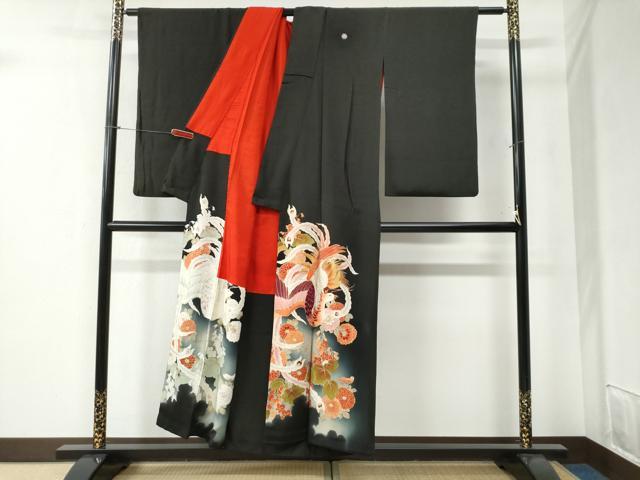 平和屋着物●アンティーク 大正ロマン 黒留袖 駒刺繍 鳳凰草花文 暈し染め 金彩 正絹 逸品 CABB4535yc