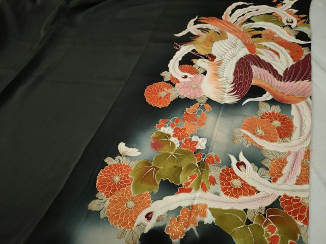 平和屋着物●アンティーク 大正ロマン 黒留袖 駒刺繍 鳳凰草花文 暈し染め 金彩 正絹 逸品 CABB4535yc