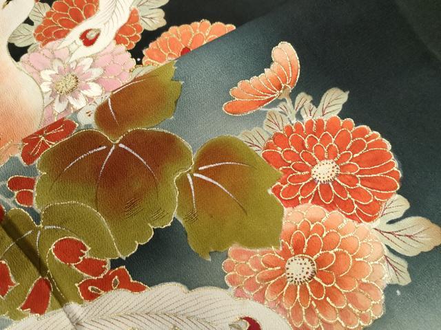 平和屋着物●アンティーク 大正ロマン 黒留袖 駒刺繍 鳳凰草花文 暈し染め 金彩 正絹 逸品 CABB4535yc