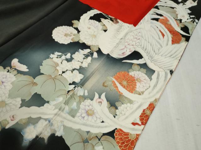 平和屋着物●アンティーク 大正ロマン 黒留袖 駒刺繍 鳳凰草花文 暈し染め 金彩 正絹 逸品 CABB4535yc