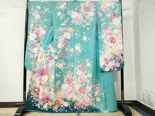 平和屋着物●豪華振袖 舞蝶牡丹花文 ラメ糸 暈し染め 銀通し地 正絹 逸品 CABB4560yc