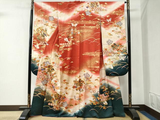 平和屋着物●豪華振袖 駒刺繍 吉祥花蝶文 暈し染め 金彩 正絹 逸品 CABB4590yc