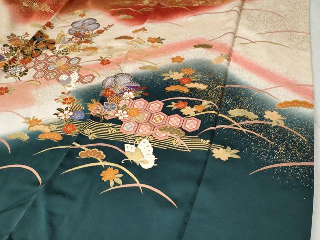 平和屋着物●豪華振袖 駒刺繍 吉祥花蝶文 暈し染め 金彩 正絹 逸品 CABB4590yc