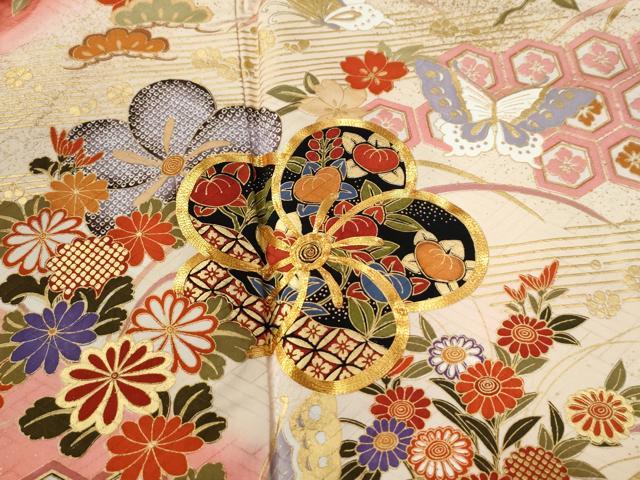 平和屋着物●豪華振袖 駒刺繍 吉祥花蝶文 暈し染め 金彩 正絹 逸品 CABB4590yc