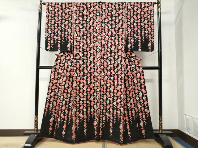 平和屋着物●訪問着 枝梅文 黒地 正絹 逸品 CABB4610yc