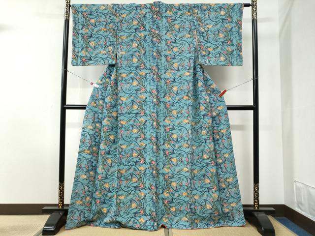 平和屋着物●上質な小紋 紅型 花蝶文 鬼しぼ縮緬 正絹 逸品 CABB4619yc