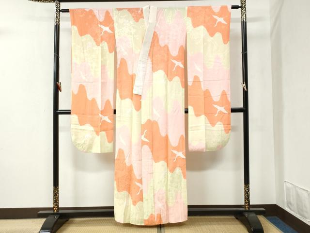 平和屋着物●振袖用長襦袢　無双仕立て　飛鶴花車地紋　高島屋扱い　正絹　逸品　CABB4642yc 平和屋着物○振袖用長襦袢 無双仕立て 飛鶴花車地紋 高島屋扱い 正絹