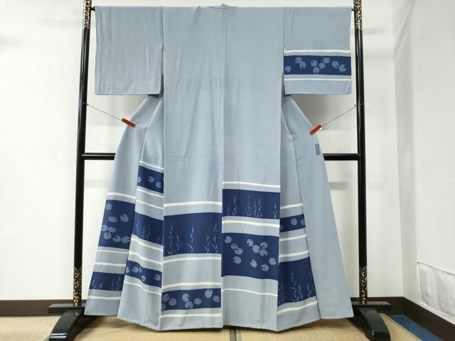 平和屋着物●訪問着 作家物 ろうけつ染め 横段蓮の葉文 正絹 逸品 CABB4649yc