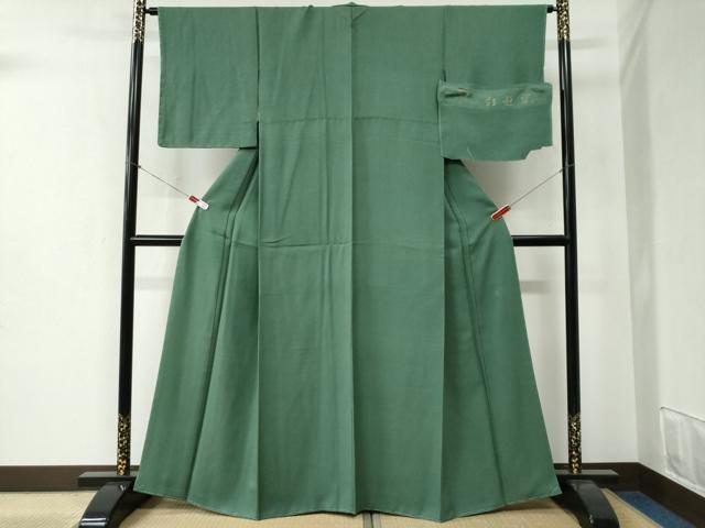 平和屋着物●上質な色無地 宇治本茶染 彩遊染 花緑青色 反端付き 正絹 逸品 未使用 CABB4669yc
