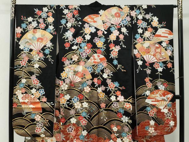 平和屋着物●豪華振袖 駒刺繍 雲取り流水枝垂れ花文 黒地 金彩 正絹 逸品 CABB4680yc