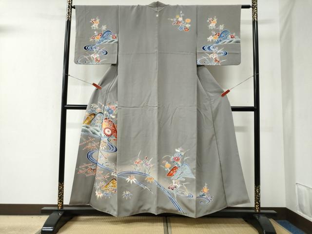平和屋着物●訪問着 型染め 遠山竹垣流水草花文 暈し染め 正絹 逸品 CABB4705yc