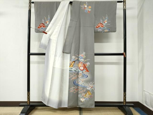 平和屋着物●訪問着 型染め 遠山竹垣流水草花文 暈し染め 正絹 逸品 CABB4705yc