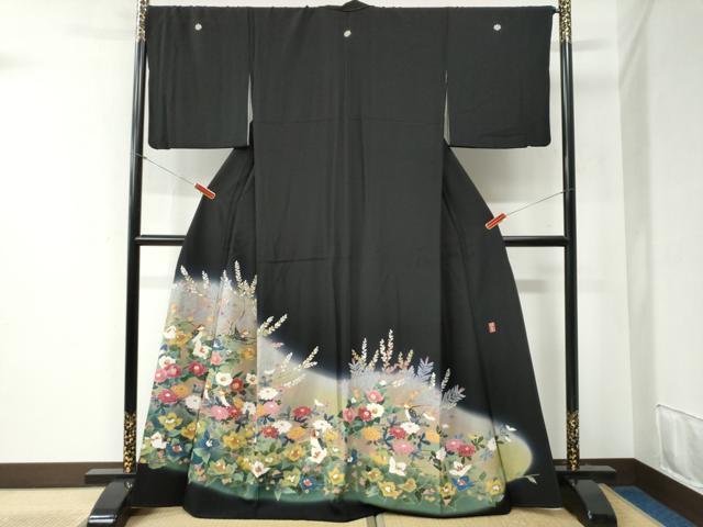 平和屋着物●豪華黒留袖 友禅 作家物 休み鳥枝花文 暈し染め 正絹 逸品 CABB4728yc