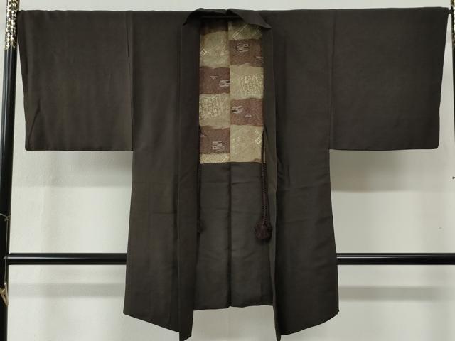 平和屋着物●男性 紬 アンサンブル 色無地 赤墨色 正絹 逸品 CABB4749yc