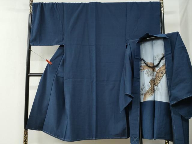 平和屋着物●男性 紬 アンサンブル 色無地 紺青色 正絹 逸品 未使用 CABB4752yc