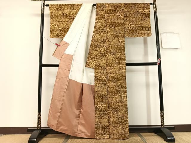 平和屋着物●上質な小紋 紬地 型染め 吉祥花文 正絹 逸品 CABB4985vp