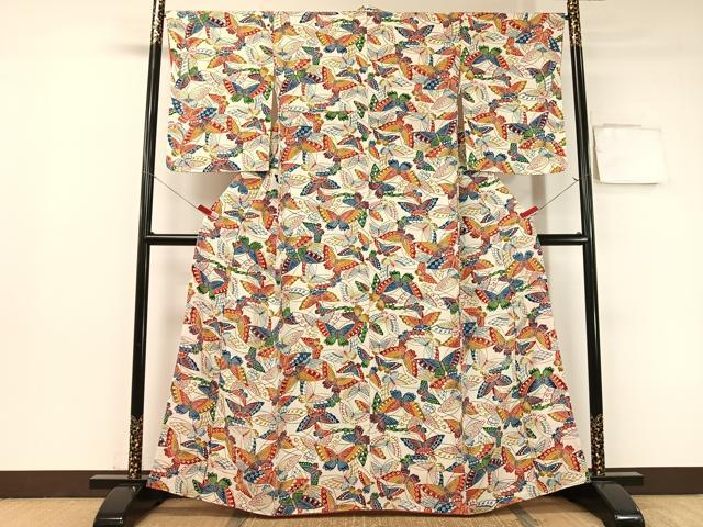 平和屋着物●上質な小紋 型染め 舞蝶文 鬼しぼ縮緬 正絹 逸品 CABB5018vp