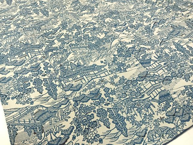 平和屋着物●上質な小紋 本藍 型絵染 風景花文 鬼しぼ縮緬 正絹 逸品 CABB5046vp
