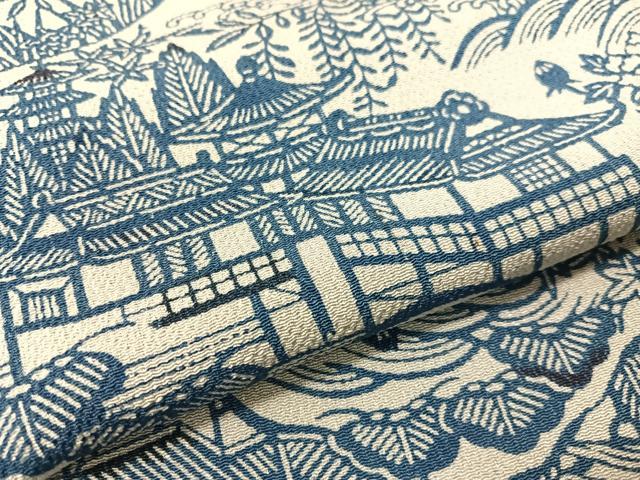 平和屋着物●上質な小紋 本藍 型絵染 風景花文 鬼しぼ縮緬 正絹 逸品 CABB5046vp