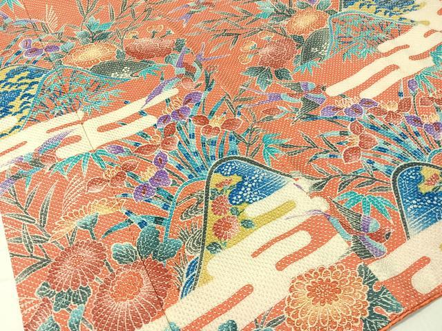 平和屋着物●名門 藤娘きぬたや・総絞り 振袖 重ね山霞花鳥文 正絹 逸品 CABB5059vp