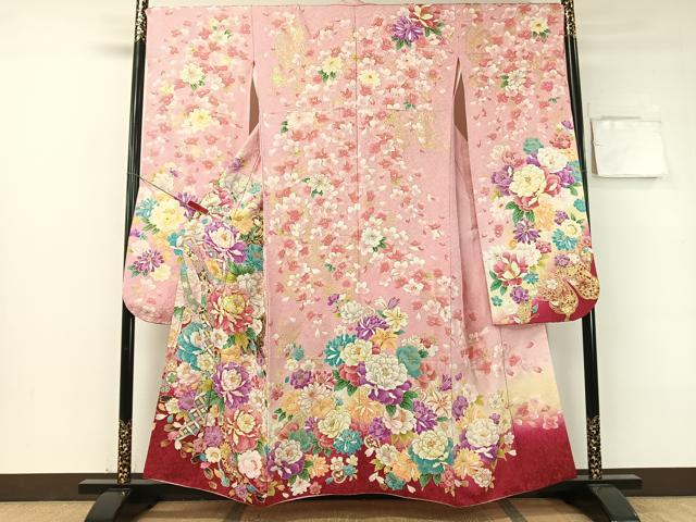 平和屋着物●豪華振袖　刺繍　束ね熨斗舞花文　暈し染め　銀通し地　正絹　逸品　CABB5183vp 平和屋着物○豪華振袖 刺繍 束ね熨斗舞花文 暈し染め 銀通し