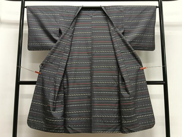 平和屋着物■道行コート 単衣 紬地 横段文 黒地 ロング丈 正絹 逸品 CABB5265ua