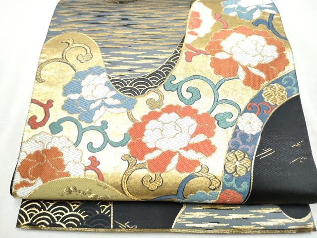 平和屋着物●西陣　六通柄袋帯　国風錦　黒地　本金箔　証紙付き　正絹　逸品　CABB5653hy 平和屋着物○西陣 六通柄袋帯 国風錦 黒地 本金箔 証紙
