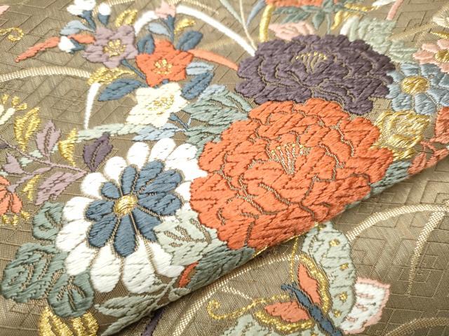 平和屋着物●六通柄袋帯 唐織 舞蝶花車文 金糸 正絹 逸品 CABB5726hy