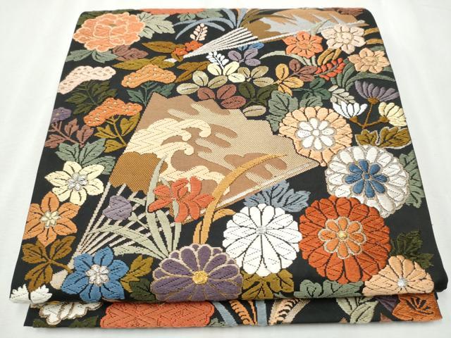 超美品　和服　正絹　歌舞伎模様　袋帯(六通) 早い者勝ち 平和屋着物○六通柄袋帯 唐織 扇面草花文 黒地 金糸 正絹 逸品