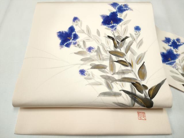 平和屋着物●塩瀬　九寸名古屋帯　ろうけつ染め　枝花文　正絹　逸品　DAAZ4358cm 平和屋着物○塩瀬 九寸開き名古屋帯 ろうけつ染 枝花文