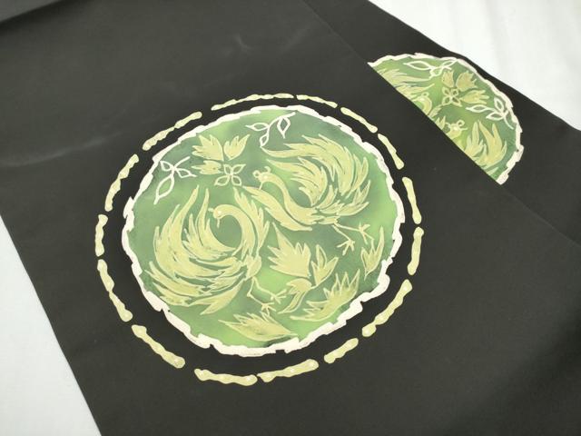 平和屋着物●塩瀬 九寸名古屋帯 ろうけつ染 枝葉鳥文 黒地 正絹 逸品 CABB5812hy