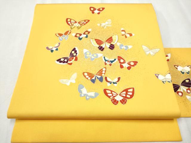 セール〉塩瀬名古屋帯 蝶とバラ 染九寸なごや帯 グレー系 正絹【未使用 名古屋帯 正絹 蝶 セール〉塩瀬名古屋帯 蝶とバラ 染九寸なごや帯