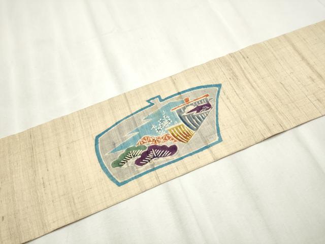 平和屋着物▽九寸名古屋帯 スリーシーズン 春夏秋 生紬 型染め 船 花鳥文 正絹 逸 品CABB5913hy