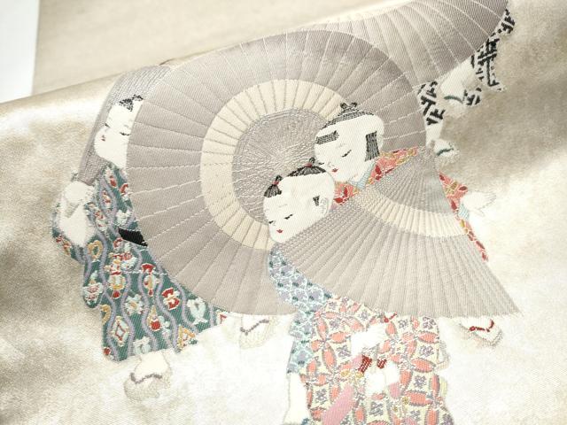 平和屋着物●加賀友禅の巨匠 初代 由水十久 西陣 長嶋成織物 ながしま帯 太鼓柄袋帯 童子 傘 瀞銀錦 正絹 逸品 CABB5931hy