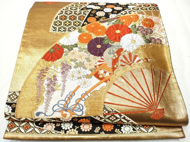 平和屋着物○西陣 河合美術織物謹製 六通柄袋帯 唐織 扇面花車