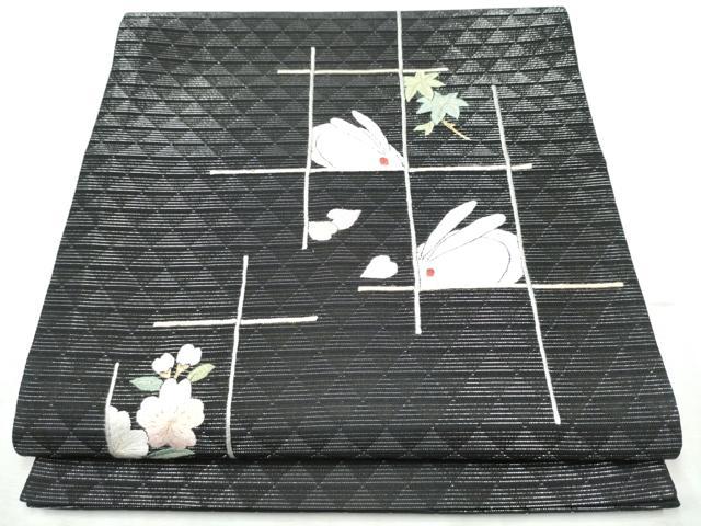 平和屋着物●太鼓柄袋帯　総刺繍　兎　舞桜文　黒地　舞桜文　黒地　金銀糸　正絹　逸品　CABB5979hy 平和屋着物○太鼓柄袋帯 総刺繍 兎 舞桜文 黒地 舞桜文 黒地 金銀糸