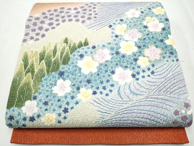 平和屋着物●中国三大刺繍 相良刺繍 太鼓柄袋帯 絞り 流水舞桜文 銀通し地 やまと誂製 正絹 逸品 CABB5989hy