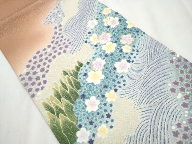 平和屋着物●中国三大刺繍 相良刺繍 太鼓柄袋帯 絞り 流水舞桜文 銀通し地 やまと誂製 正絹 逸品 CABB5989hy