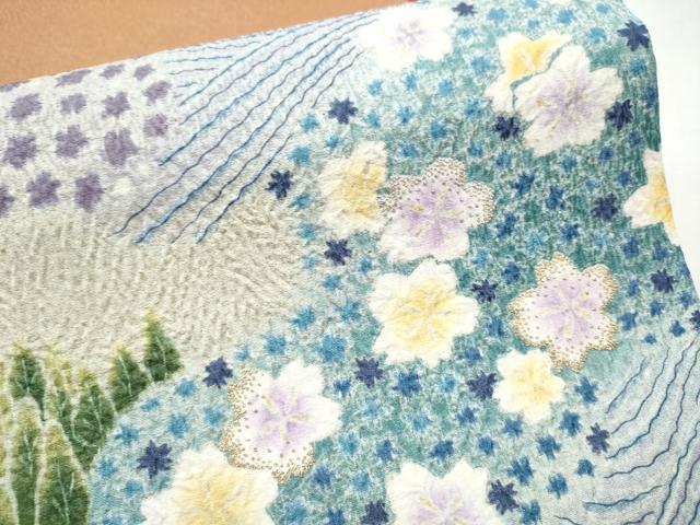 平和屋着物●中国三大刺繍 相良刺繍 太鼓柄袋帯 絞り 流水舞桜文 銀通し地 やまと誂製 正絹 逸品 CABB5989hy