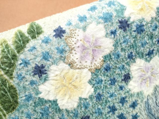 平和屋着物●中国三大刺繍 相良刺繍 太鼓柄袋帯 絞り 流水舞桜文 銀通し地 やまと誂製 正絹 逸品 CABB5989hy