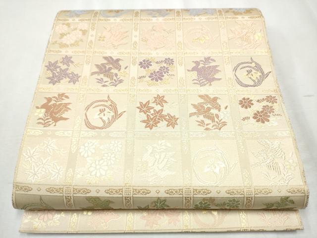 平和屋着物●六通柄袋帯 唐織 新小石丸 市松花鳥文 金糸 正絹 逸品 CABB5992hy