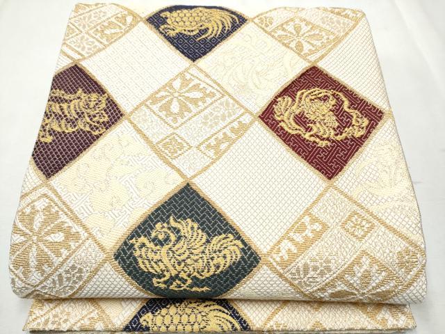 平和屋着物●両面 全通柄袋帯 金華山 天女 動物菱文 金糸 正絹 逸品 未使用 CABB5993hy