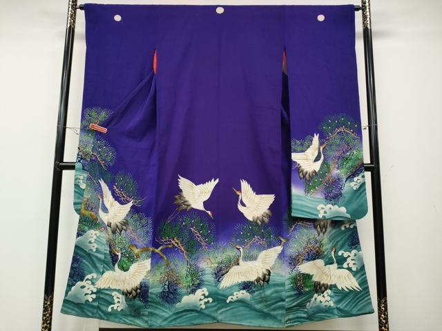 平和屋着物●アンティーク 大正ロマン 振袖 手描き 刺繍 立波飛鶴松文 正絹 逸品 CABB6007ut