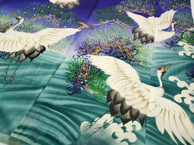 平和屋着物●アンティーク 大正ロマン 振袖 手描き 刺繍 立波飛鶴松文 正絹 逸品 CABB6007ut