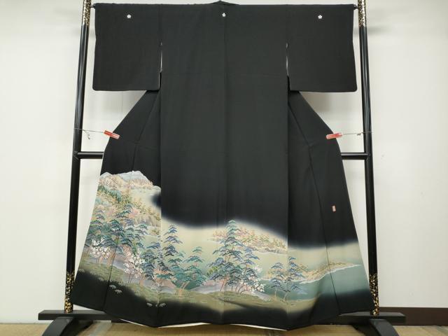 平和屋着物●十日町友禅作家　阿部佳雪　黒留袖　風景草花文　暈し染め　正絹　逸品　CABB6073ut 平和屋着物○十日町友禅作家 阿部佳雪 黒留袖 風景草花文 暈