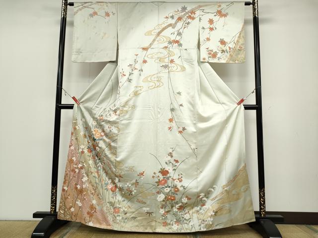 平和屋着物○訪問着 駒刺繍 流水扇草花文 暈し染め 金彩