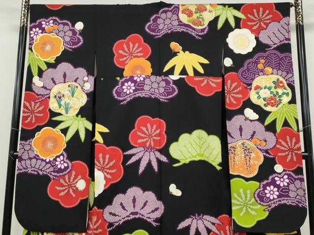 平和屋着物●豪華振袖 駒刺繍 草花尽くし 黒地 金彩 正絹 逸品 CABB6295ut