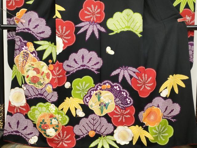 平和屋着物●豪華振袖 駒刺繍 草花尽くし 黒地 金彩 正絹 逸品 CABB6295ut